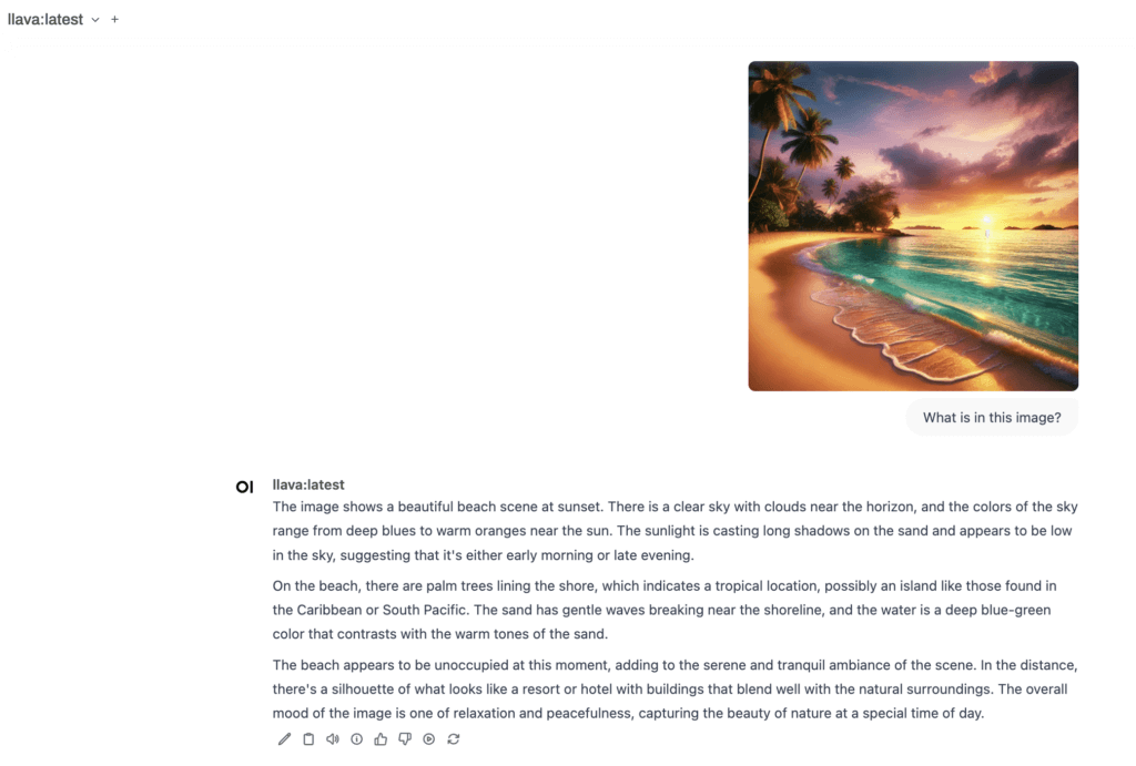 Respons Llava terhadap gambar pantai di Open WebUI