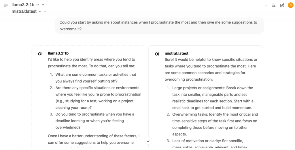 Respons Llama dan Mistral terhadap prompt di Open WebUI