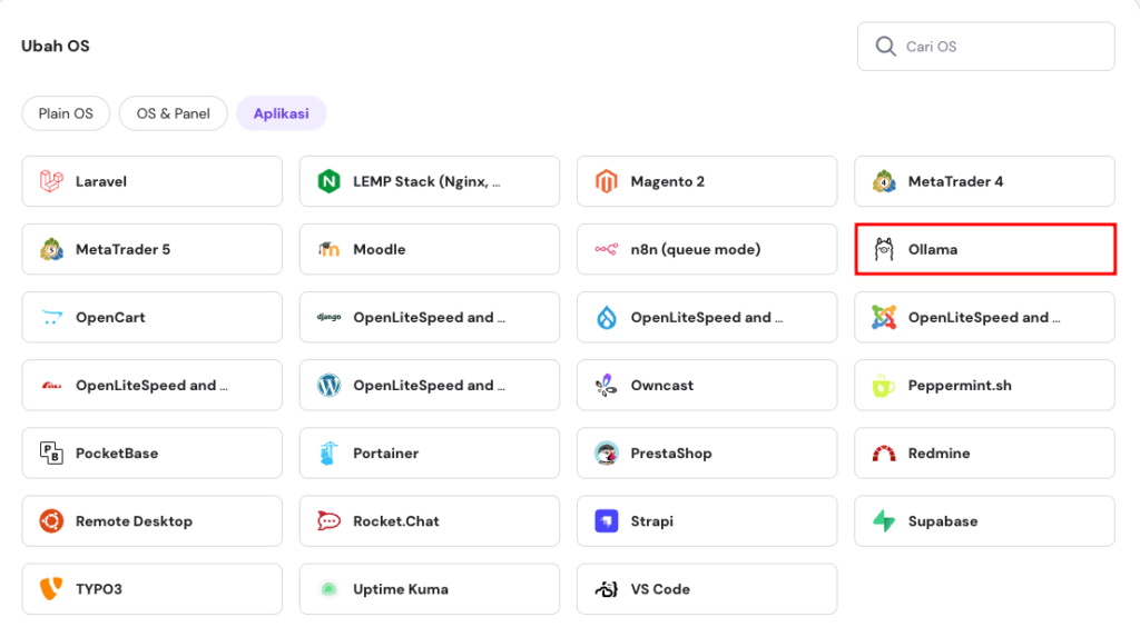 Hostinger menyediakan template siap pakai untuk instal Ollama di VPS Ubuntu