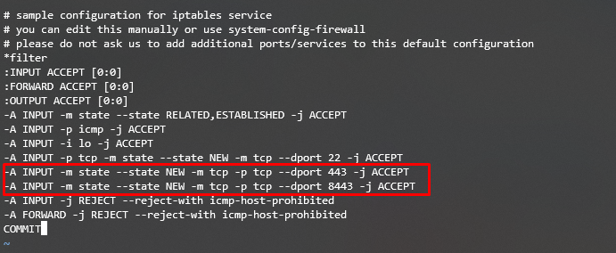 Mengizinkan port 443 dan 8443 pada iptables CentOS menggunakan Terminal.