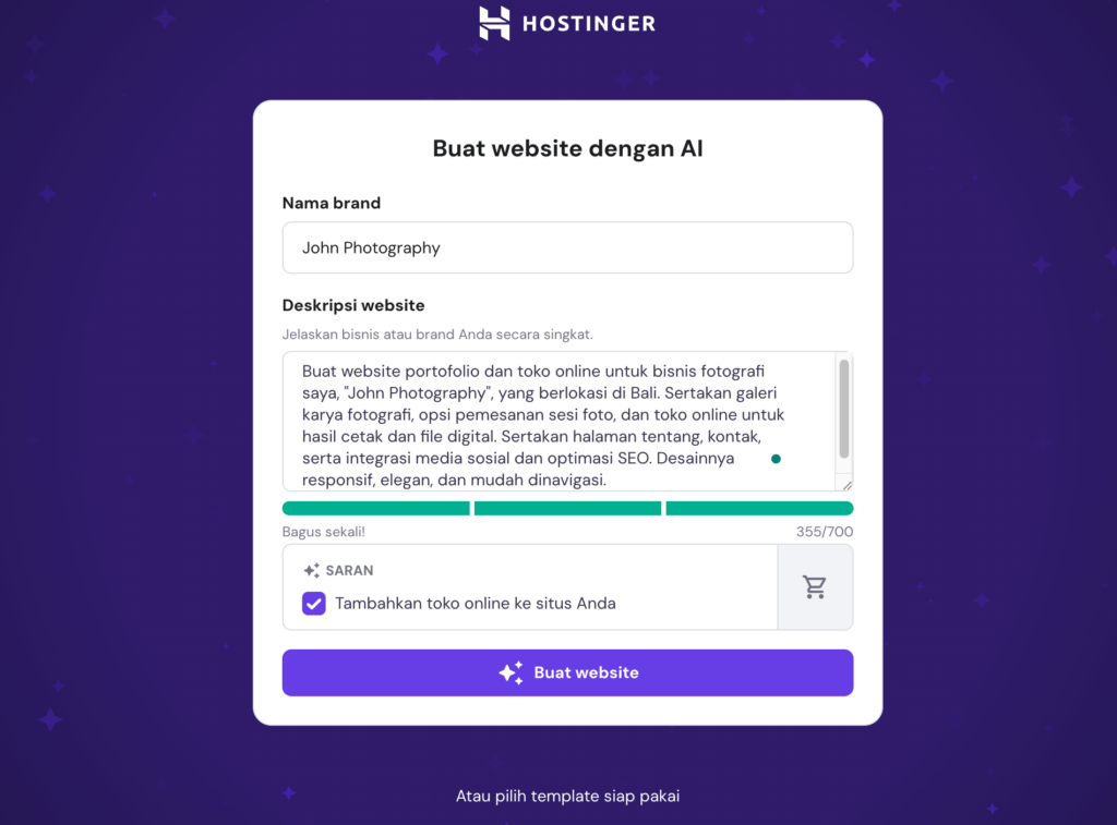 halaman awal ai website builder hostinger untuk memasukkan prompt