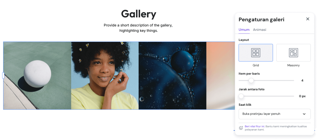 menu pengeditan galeri di website builder hostinger