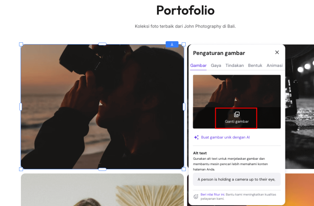 bagian pengeditan gambar website builder hostinger dengan opsi ganti gambar yang dipilih