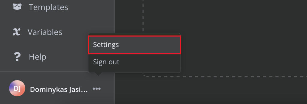 Dialog pilihan ditampilkan di samping nama pengguna dengan menu pengaturan yang dipilih.