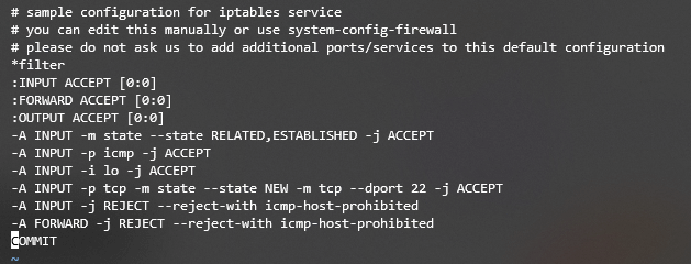 Membuka file sysconfig iptables CentOS melalui Terminal.
