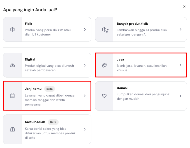 bagian untuk memilih jenis produk di website builder hostinger