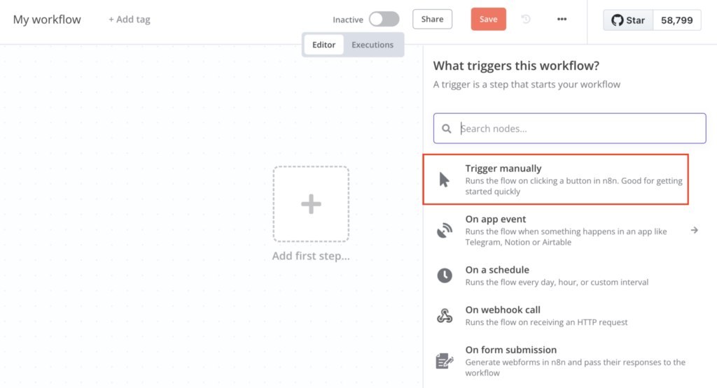 Opsi Trigger manual di editor alur kerja n8n