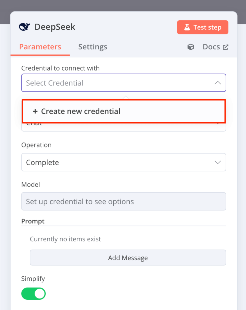 Opsi Create new credential di dialog konfigurasi DeepSeek pada n8n