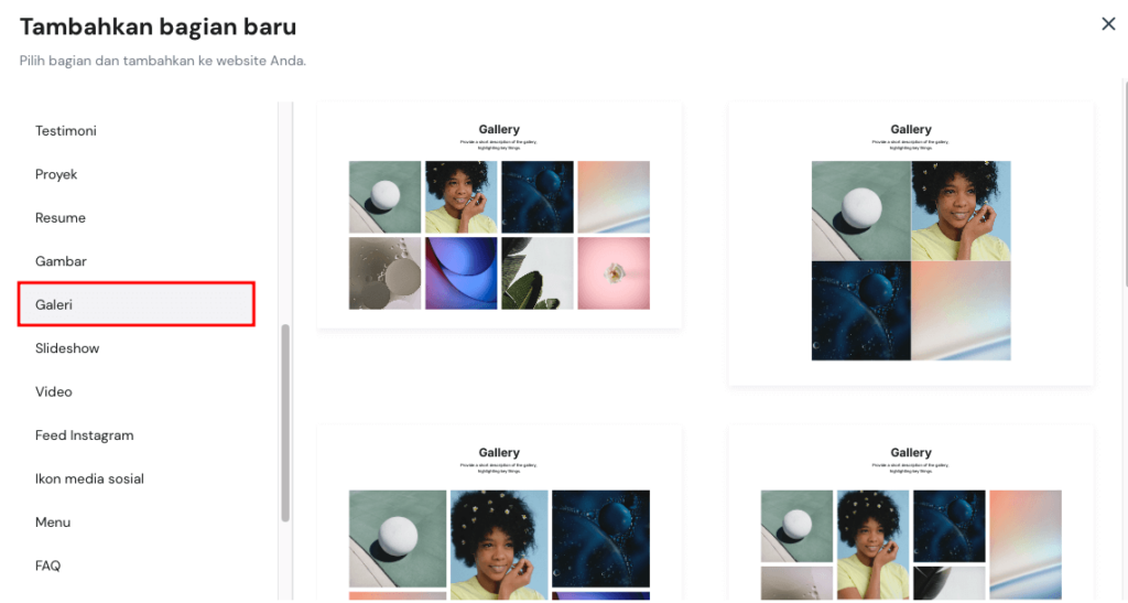 menu tambahkan bagian di website builder hostinger dengan opsi galeri yang dipilih