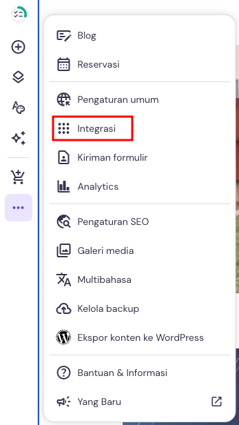 menu sidebar kiri website builder hostinger dengan opsi integrasi yang dipilih