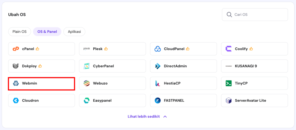 Bagian “Ubah OS” di halaman OS hPanel dengan opsi Webmin yang dipilih