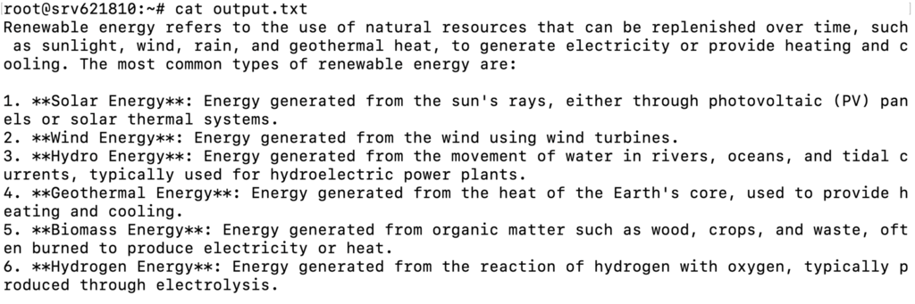Terminal yang menampilkan isi file output.txt menggunakan perintah cat di Linux.