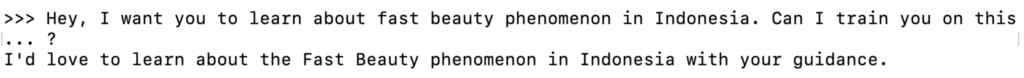 Terminal yang menampilkan respons model Ollama terhadap prompt pelatihan.