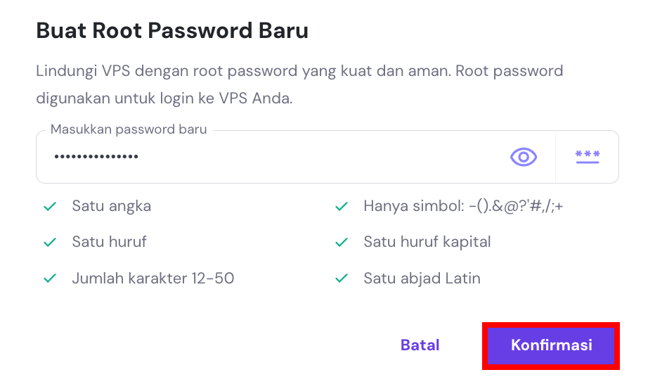 pop-up konfirmasi membuat kata sandi root vps