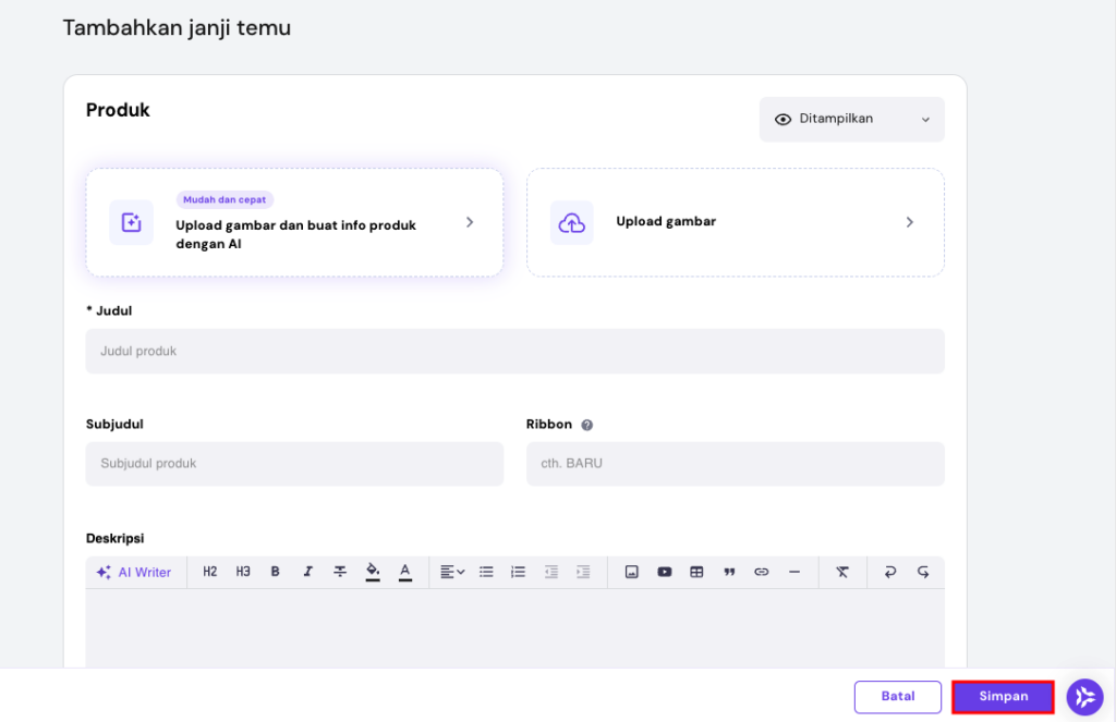 halaman untuk mengisi deskripsi produk janji temu di website builder hostinger