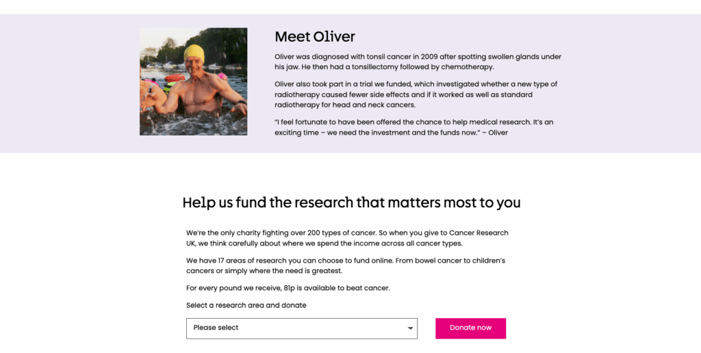 Halaman donasi di website Cancer Research UK menampilkan penelitian yang membutuhkan dana dan kisah dampak penelitian tersebut.