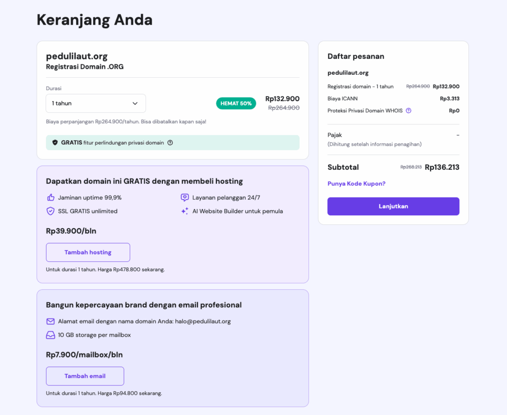 Halaman checkout Hostinger, menampilkan layanan tambahan yang bisa ditambahkan saat membeli domain.