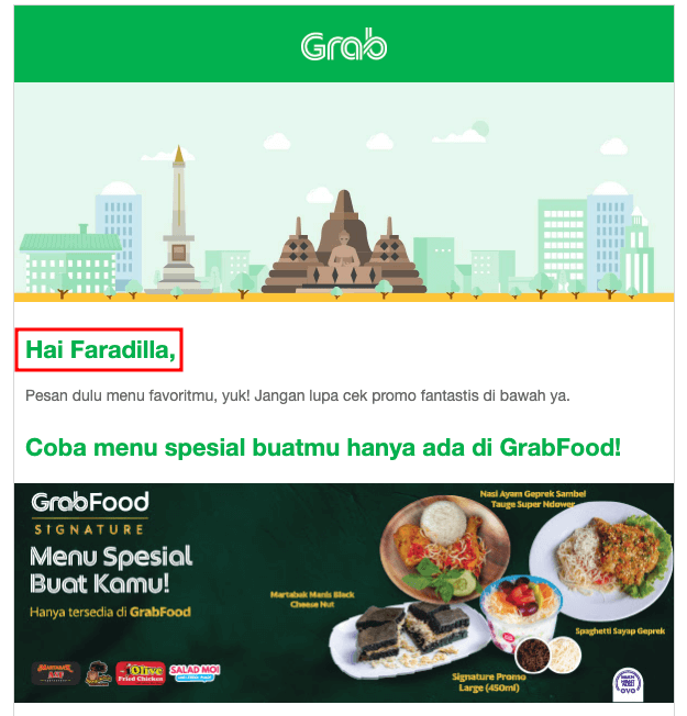 Contoh konten email dinamis dari Grab