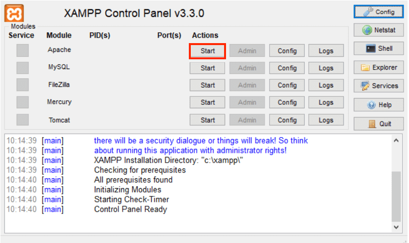 tampilan xampp dengan tombol start di samping apache yang dipilih