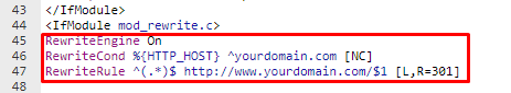 tampilan kode untuk redirect non-www to www di file htacess