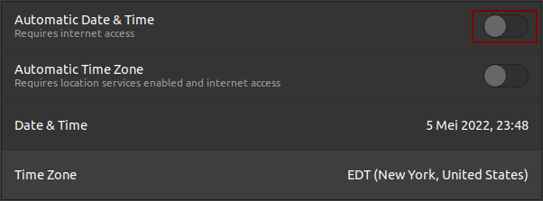 tampilan pengaturan tanggal dan waktu yang otomatis off di GUI Ubuntu