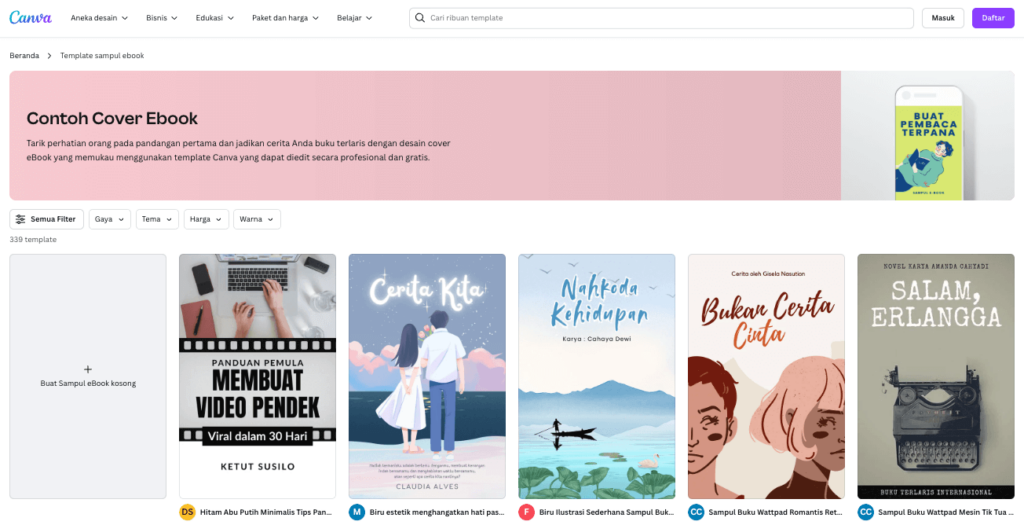 halaman template sampul ebook canva menampilkan berbagai contoh sampul