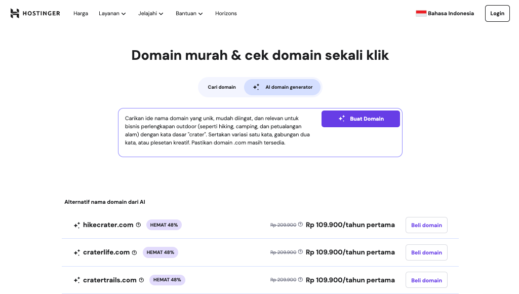 Tool pencarian domain Hostinger yang didukung AI, menampilkan domain yang tersedia sesuai prompt