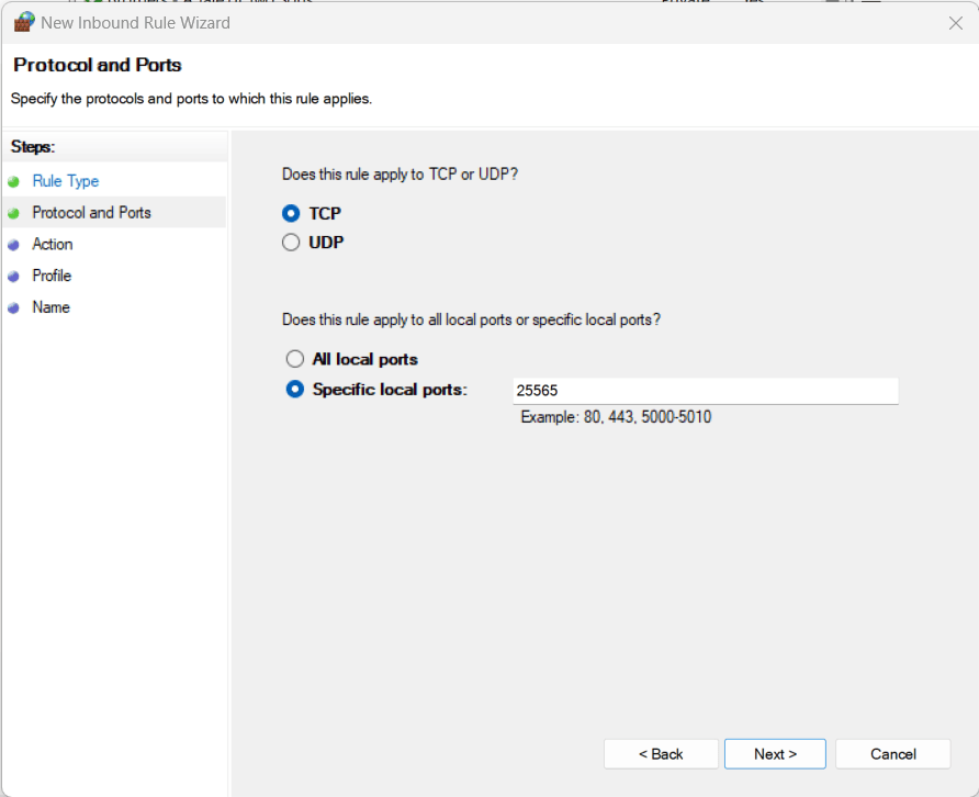 Aturan firewall yang diterapkan pada TCP, dan port server Minecraft default
