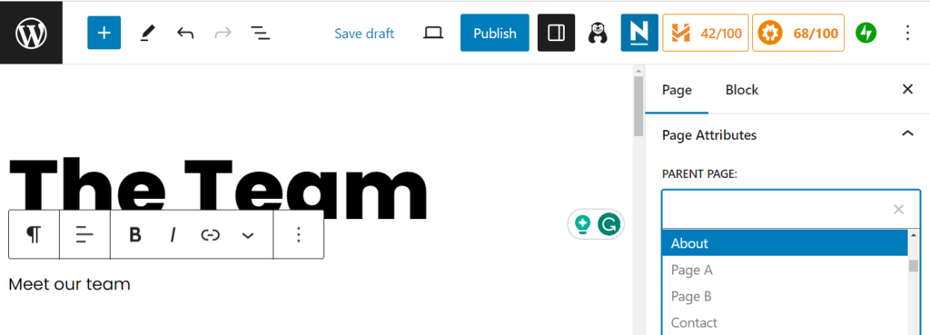 Memilih halaman induk di Editor Blok WordPress