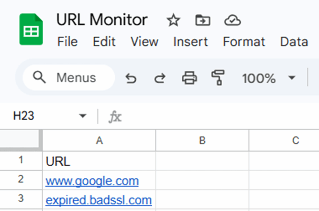 Contoh daftar URL dengan link tambahan ke website  yang sertifikat SSL-nya kedaluwarsa