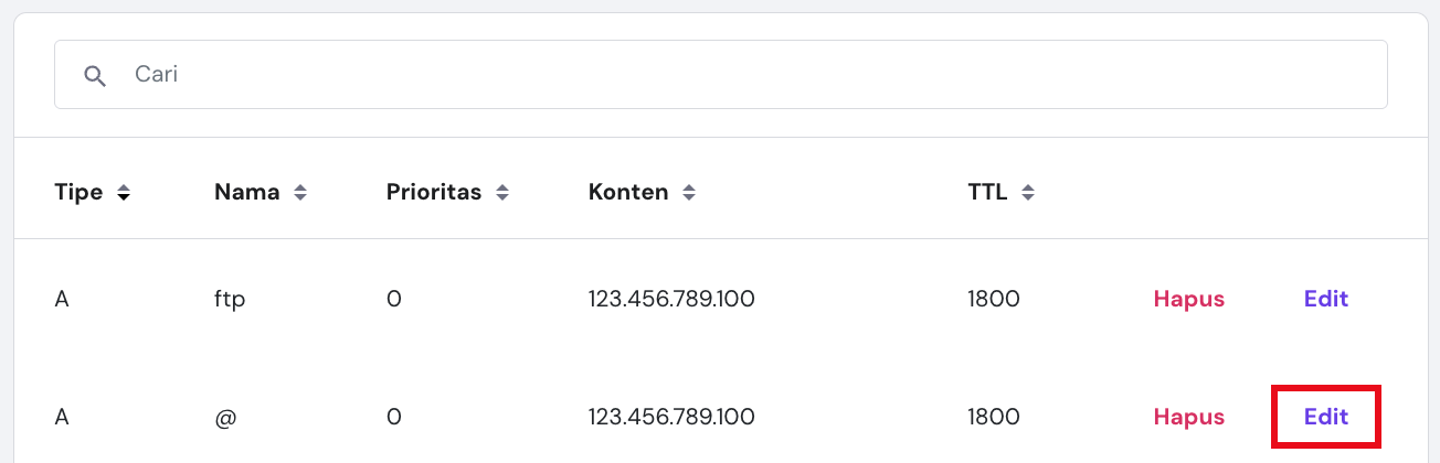 Tampilan bagian DNS/Nameserver di hPanel dengan tombol edit disamping A record yang dipilih