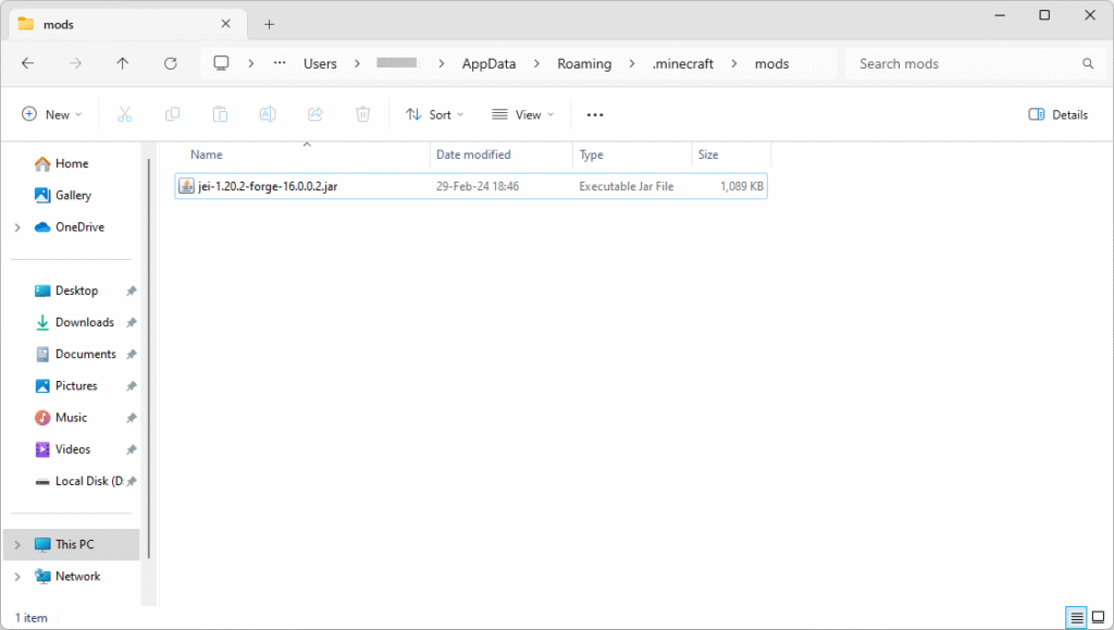 Folder mods di direktori penginstalan Minecraft Windows