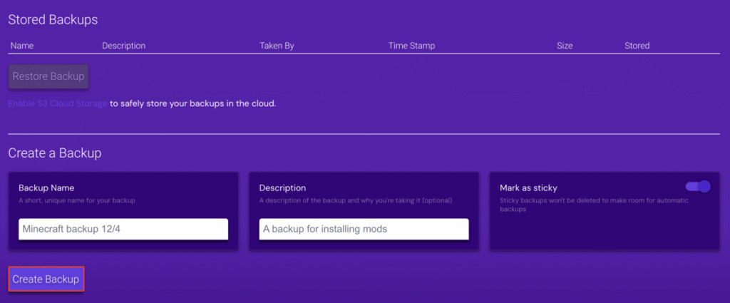 Tombol Create Backup di Game Panel