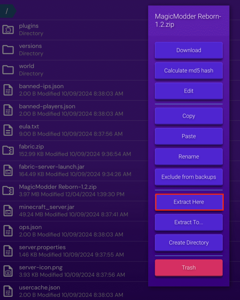 Tombol Extract Here di File Manager Game Panel