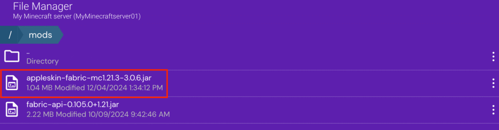 Mod yang telah diupload di File Manager Game Panel