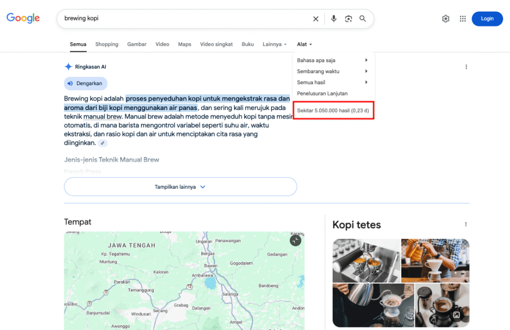 Hasil pencarian kata kunci brewing kopi di SERP Google