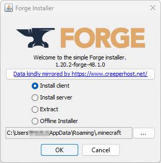 Opsi Install client di installer Forge