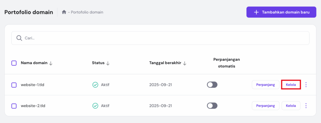 tampilan menu domain di hpanel dengan menu kelola yang dipilih