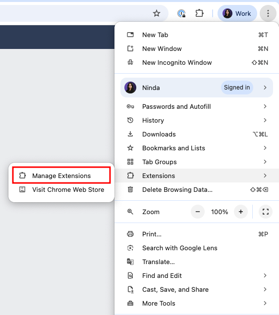 Opsi Extensions di Google Chrome dengan Manage Extensions yang dipilih