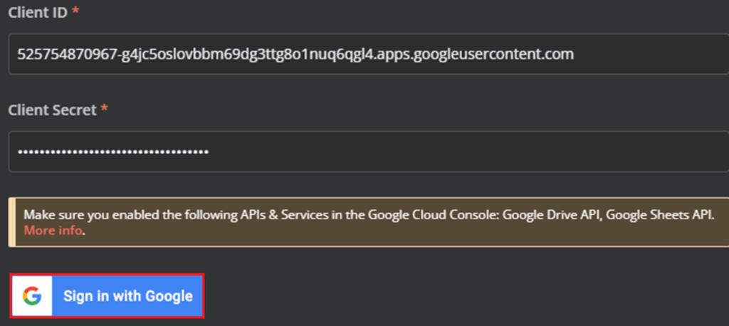 Opsi “Sign in with Google” akan ditampilkan dan ditandai setelah Client ID dan Client Secret dimasukkan.
