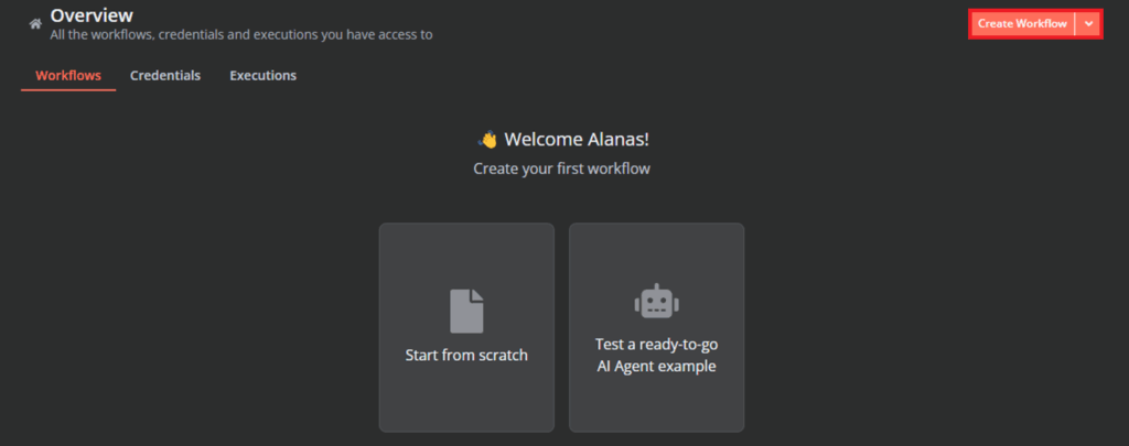 Halaman ringkasan instance n8n dengan opsi “Create Workflow” yang ditandai.