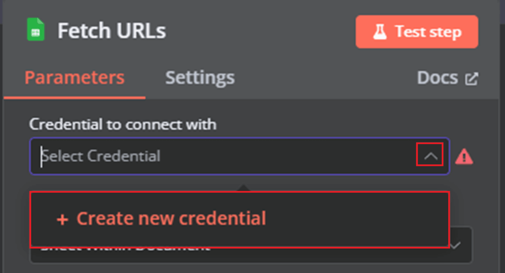 Opsi Create new credential yang ditandai untuk sebuah node.