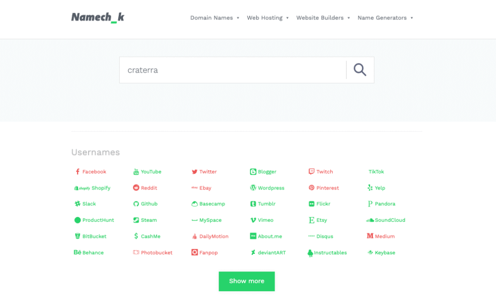 Hasil pencarian Namechk