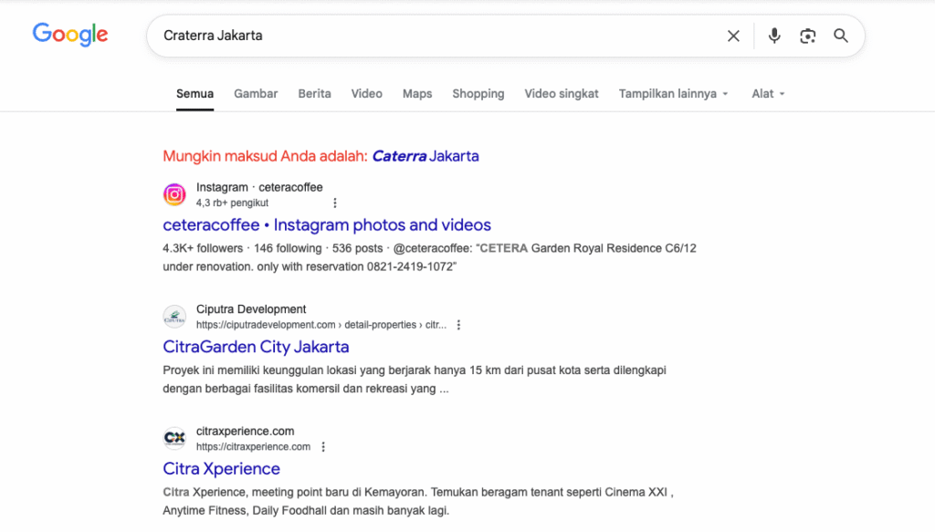 Hasil pencarian nama bisnis di Google
