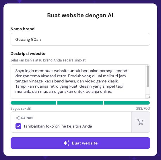 Contoh prompt untuk  membuat website bisnis thrifting online menggunakan Website Builder Hostinger
