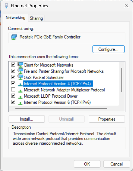 Properti Ethernet di Windows dengan entri TCP/IPv4 yang dipilih