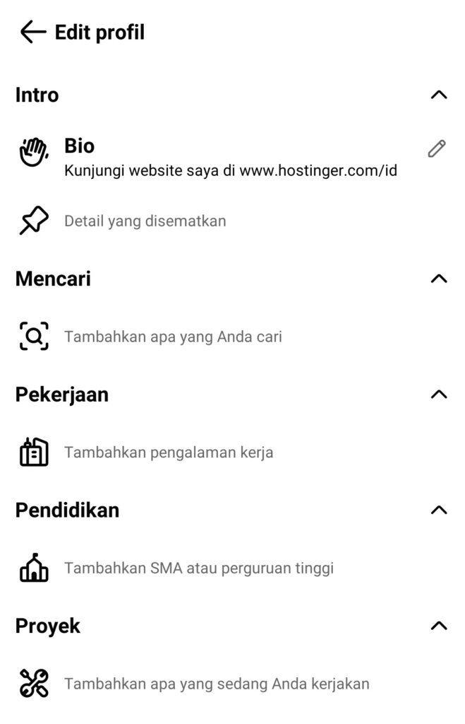 Opsi Edit profil di Facebook untuk menambahkan bio