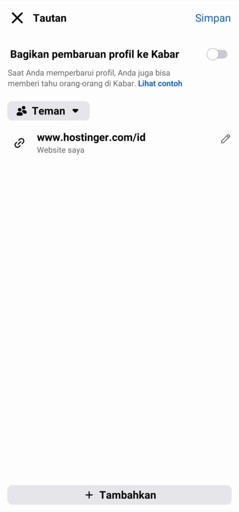 Opsi untuk menambahkan tautan di profil Facebook