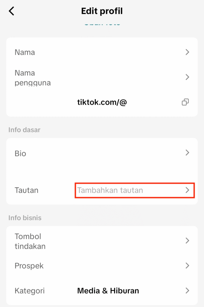 Opsi untuk menambahkan tautan di bio TikTok