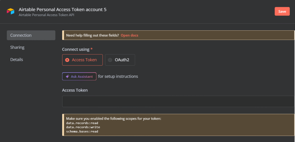 Menambahkan detail token Airtable ke konfigurasi node Airtable di n8n
